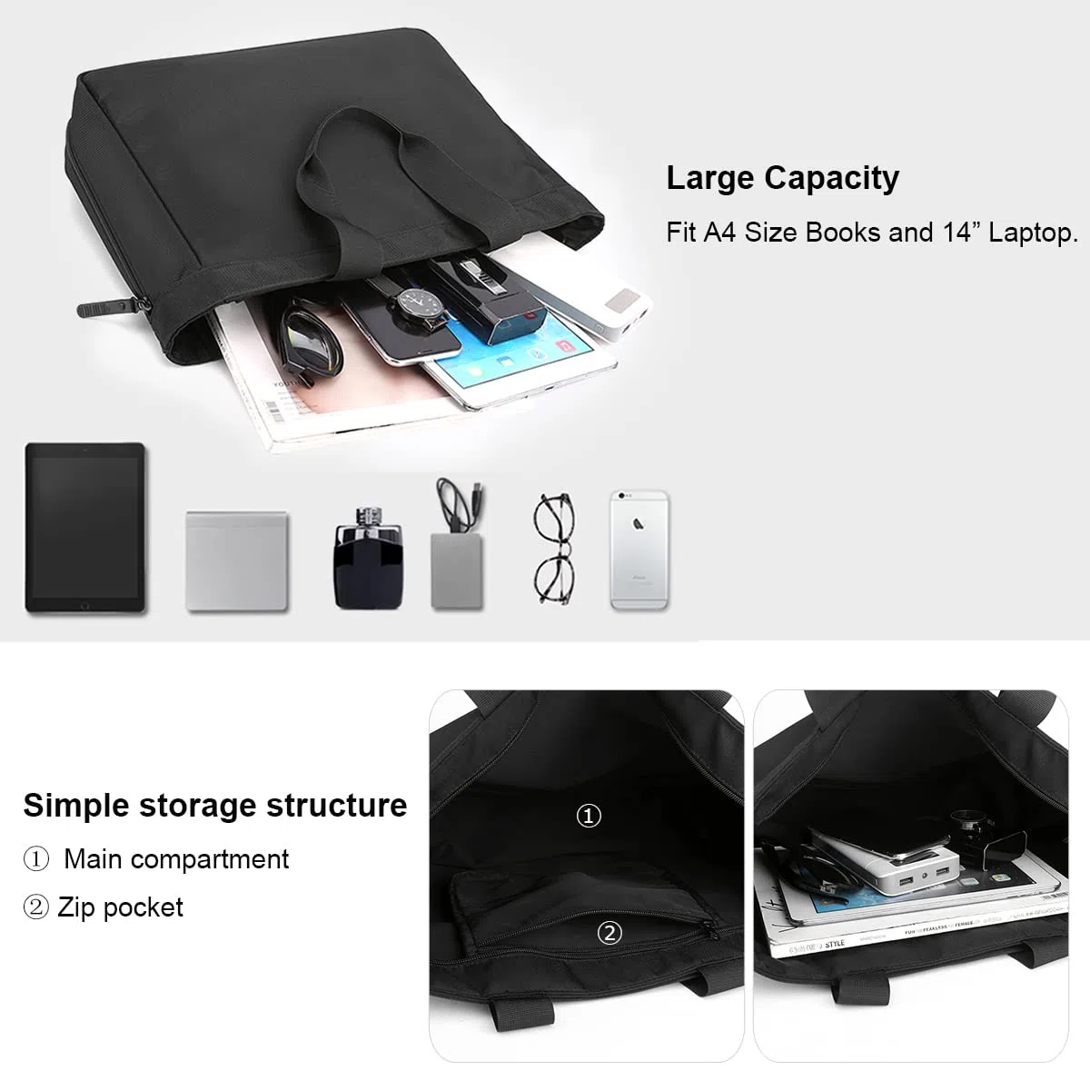 zhongningyifeng Sac fourre-tout pour homme de 14 pouces en nylon imperméable léger d'affaires décontracté noir sac à main pour le travail, l'école, les voyages, Noir, L