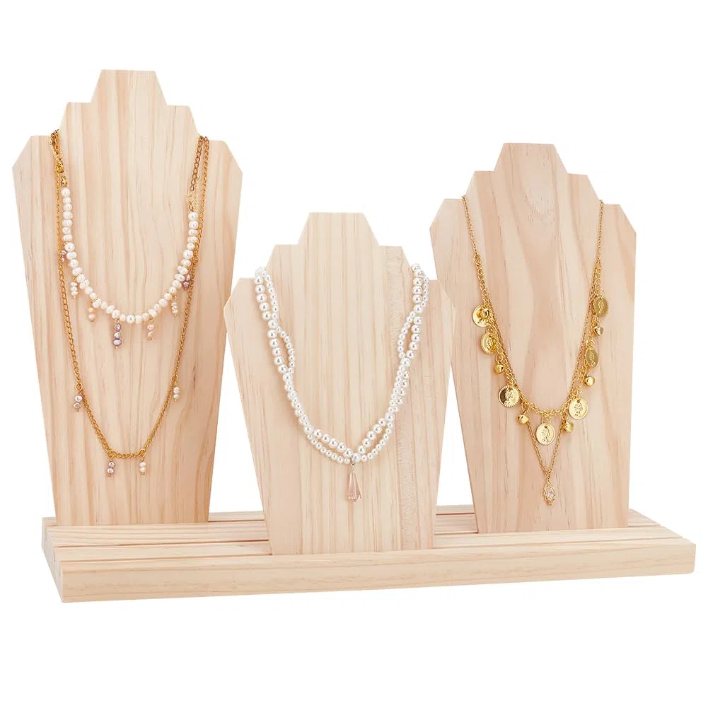 PH PandaHall Présentoirs à Colliers en Bois avec Support à 3 rangée et 3 Présentoirs Amovibles en Planches de Bois Présentoir à Bijoux Support de Rangement pour Colliers Bijoux Été Vente au Détail