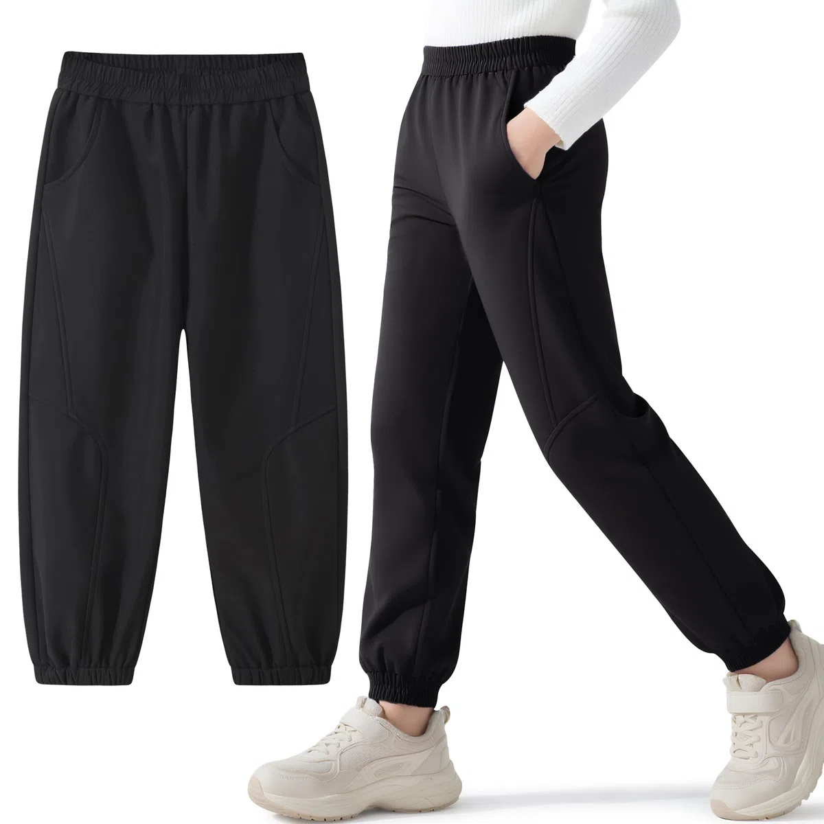 Pantalon Randonnée Softshell Garcon Fille, Thermique Imperméable Coupe-Vent Pantalons de Montagne, Doublé Polaire Ceinture élastiquée Pantalon Automne Hiver pour Enfant Junior 6-14 Ans