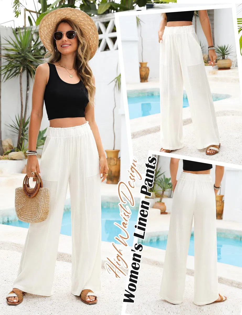 Pantalon Femme Été Fluide Pantalons Lin Taille Haute Elastique Pantacourt Jambe Large Ample Léger Pantalon Décontractée Longueur Pants Chic et Elegant avec Poches