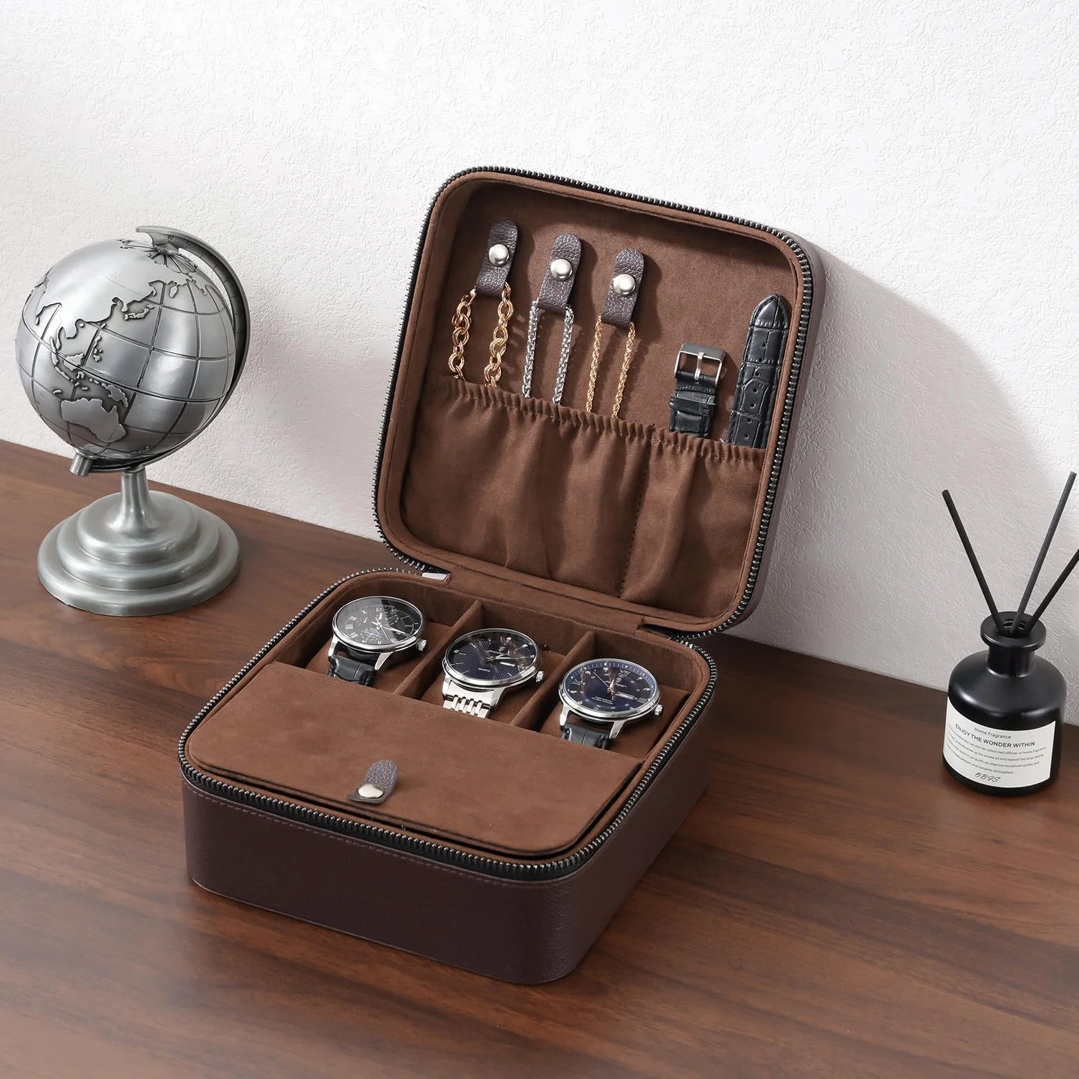 ProCase Boite Montre Voyage, Rangement Bijoux Portable Homme, avec 3 Emplacements Coussin Montre -Marron