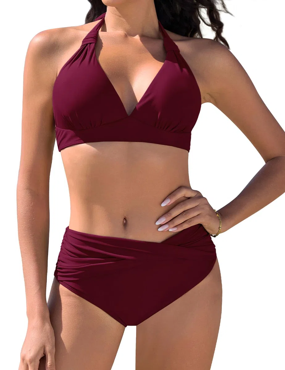Nadeer Maillots de Bain 2 Pièces Col V Bikini Set Push Up Ensembles Deux Pièces Sexy Midi Taille Haute Beachwear Élégant Vintage Halter Ties-up Swimsuit Ensemble de Bikini