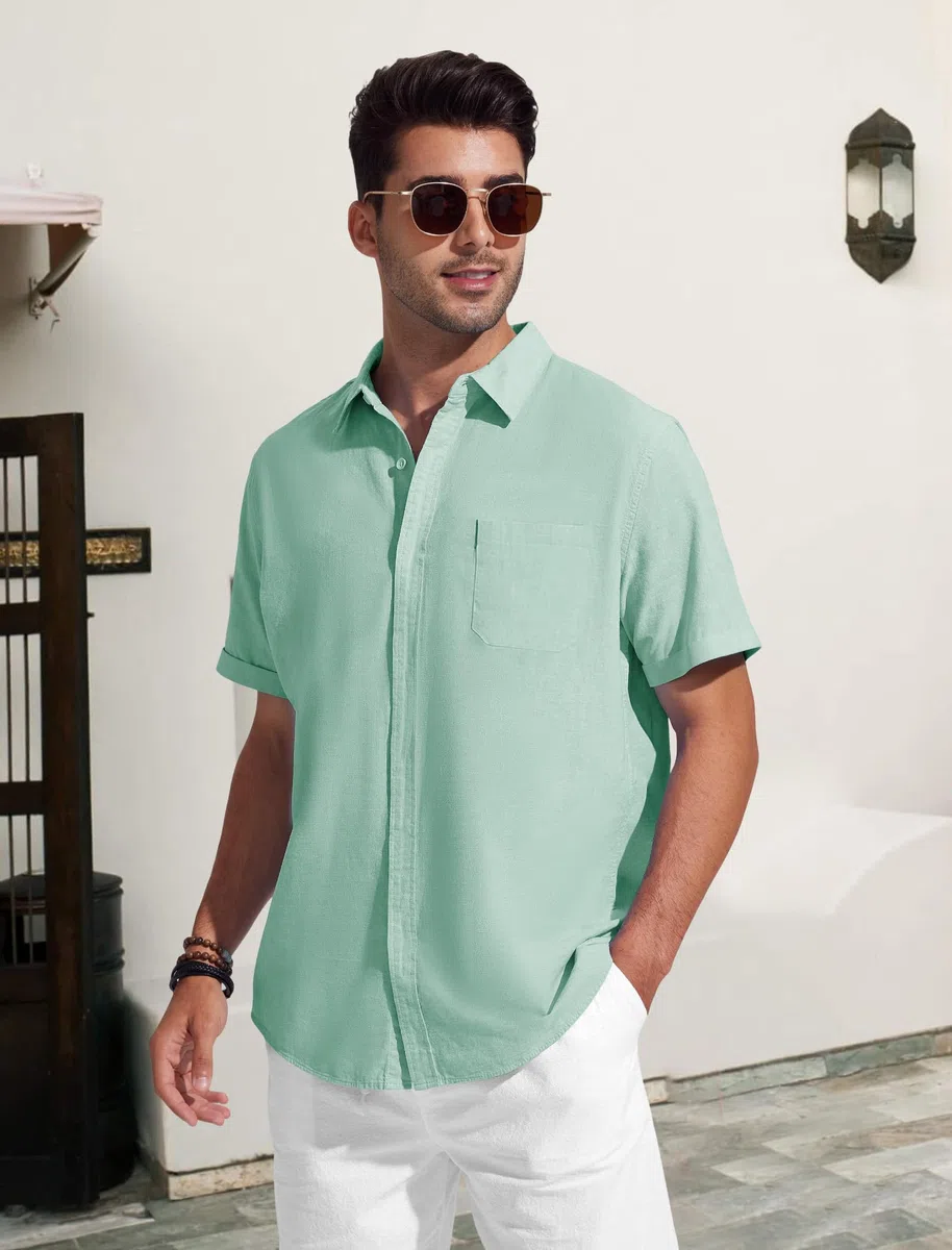 Friptspyg Chemise en Coton et Lin à Manches Courtes pour Homme avec Poche Et Boutons Cachés Idéale pour Un Usage Quotidien Casual Ou à La Plage