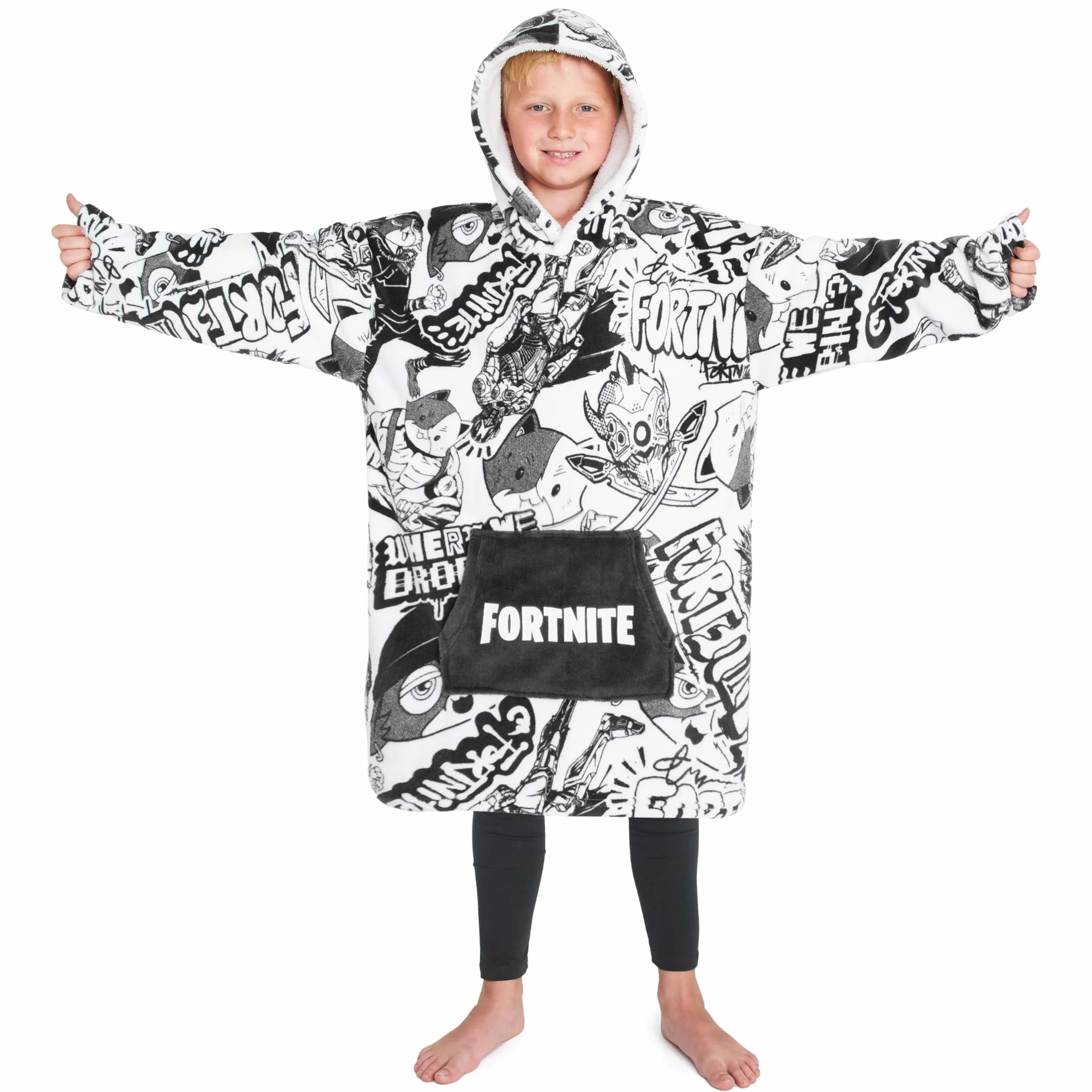 Fortnite Pull Plaid Chaud à Capuche Oversize Garçon et Ado 14+ Poncho Polaire Pull Couverture Portable Extra Longue Cadeau Gamer