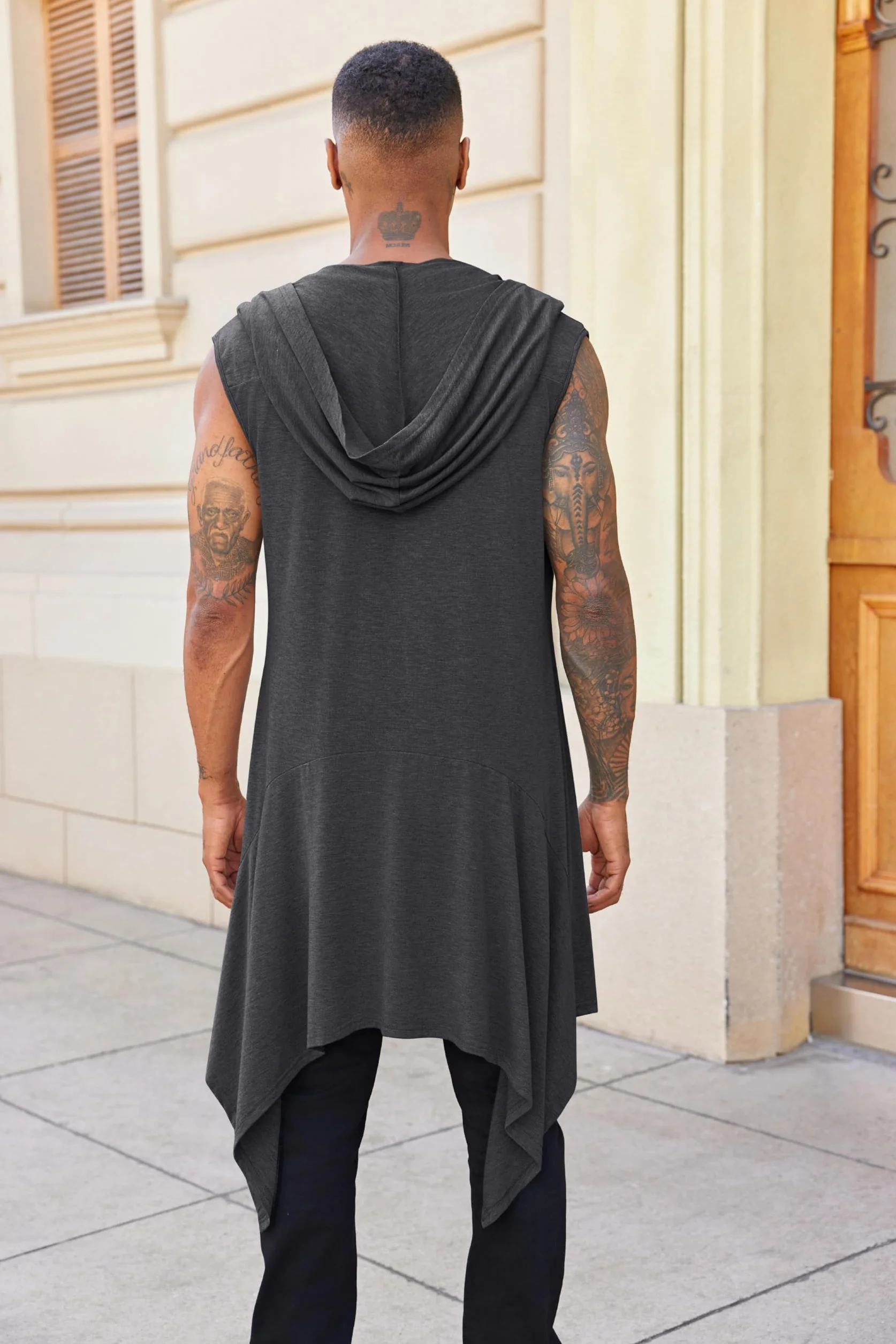 Runcati Veste à volants pour homme - Longue capuche - Sans manches - Col châle - Cardigan drapé - Couleur unie - Léger