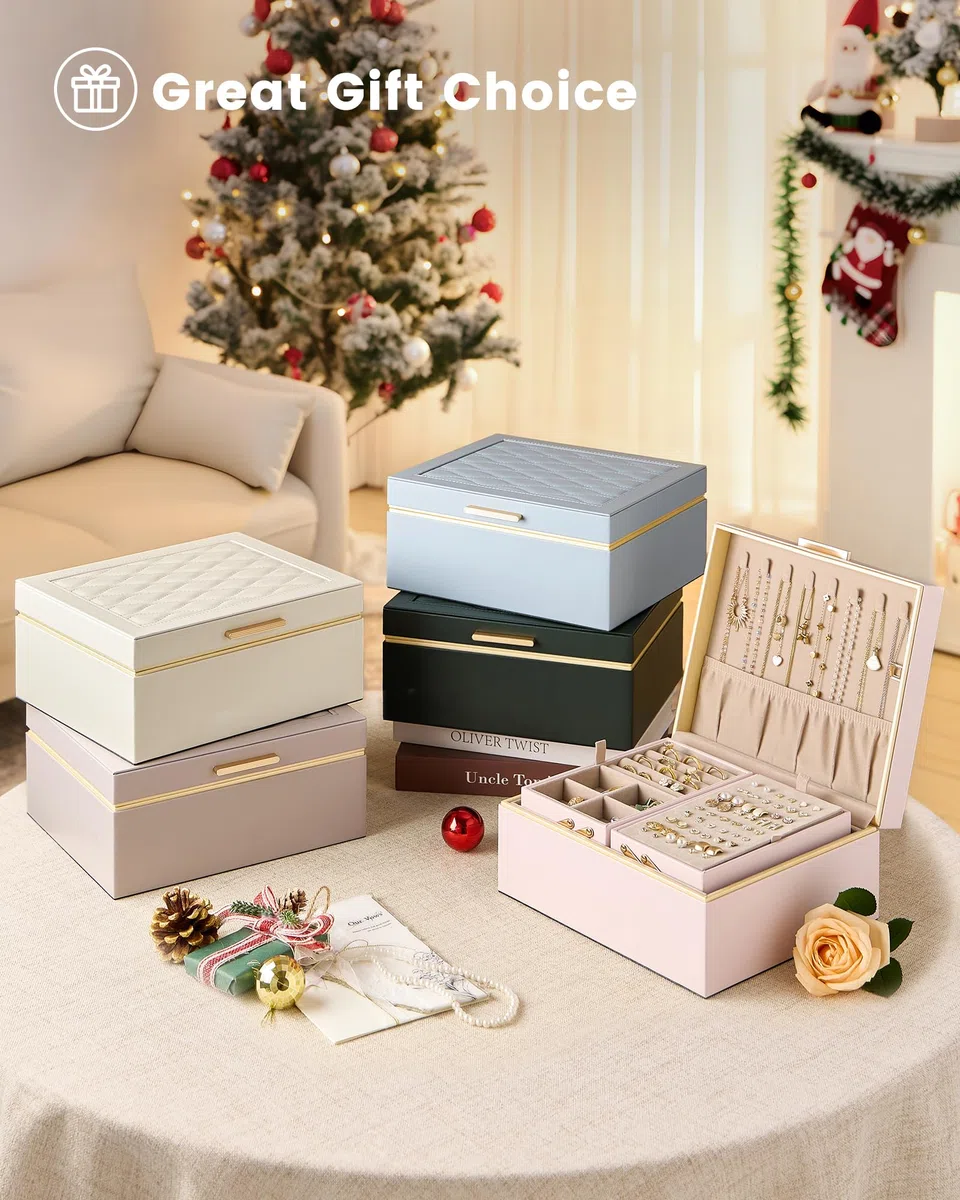 Lolalet Boîte à Bijoux, Coffret de Rangement pour Bijoux en Cuir PU, Multi-Compartiments pour Colliers, Bagues, Boucles d’oreilles, Bracelets et Lunettes de Soleil -2 Niveaux, Violet Brume
