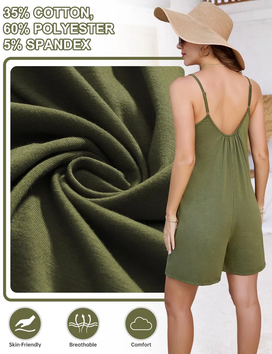 Combinaison Femme Combishort Sans Manches Short Jumpsuit Salopette Été Bretelles Spaghetti Réglables Coton Chic Rompers avec Poches Couleur Unie Décontracté Vacances Plage