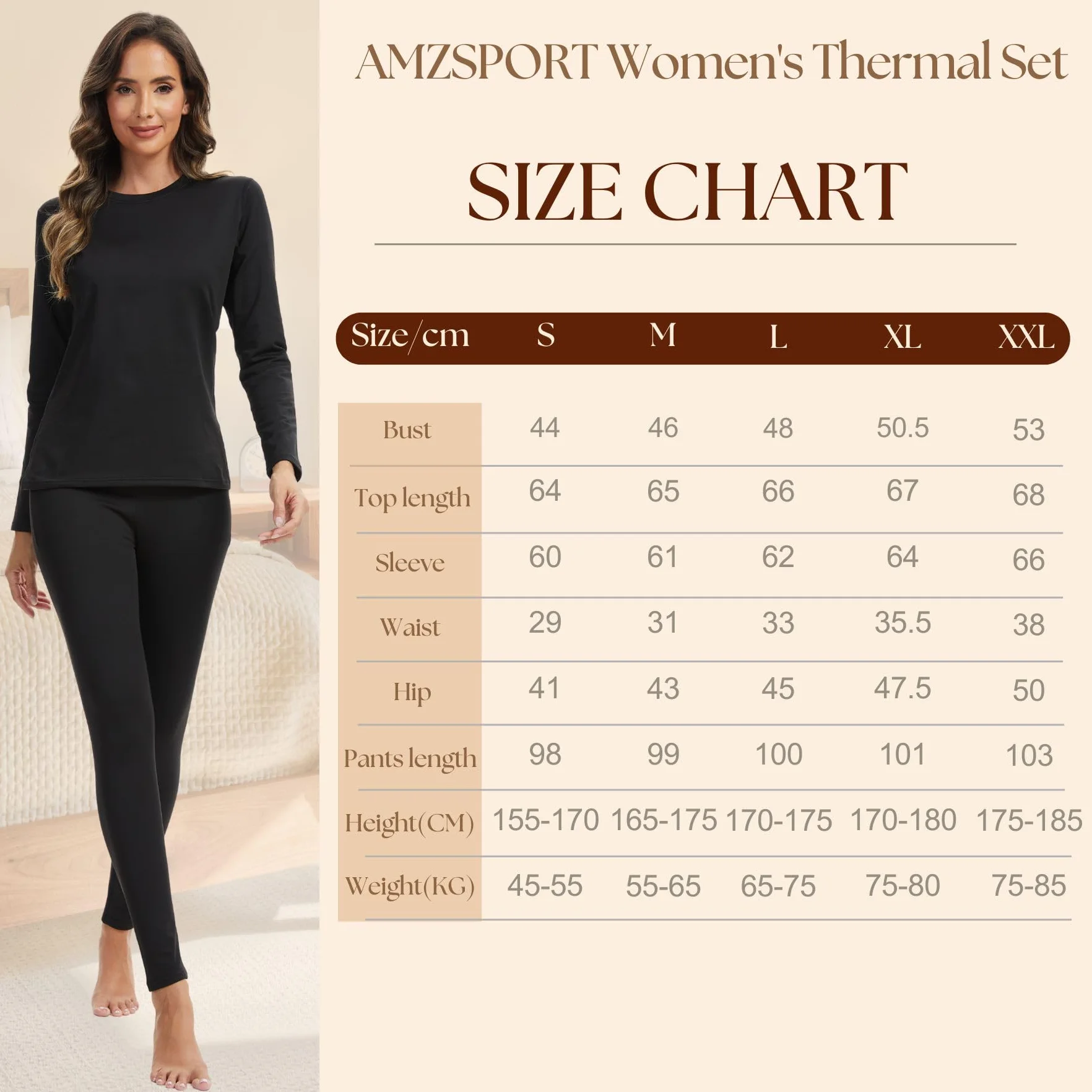 AMZSPORT Set de sous-vêtements Thermiques pour Femme - Combinaison Hiver Respirante avec Doublure Polaire, Haut Manches Longues & Leggings Doux pour Ski et Activités Extérieures