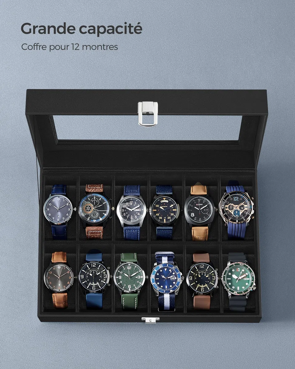 SONGMICS Boîte à Montres, 12 Emplacements, Coffret à Montres, Écrin, Couvercle en Verre, Coussinets Amovibles, Serrure en Métal, Revêtement en Noir et Doublure en Noir JWB12B