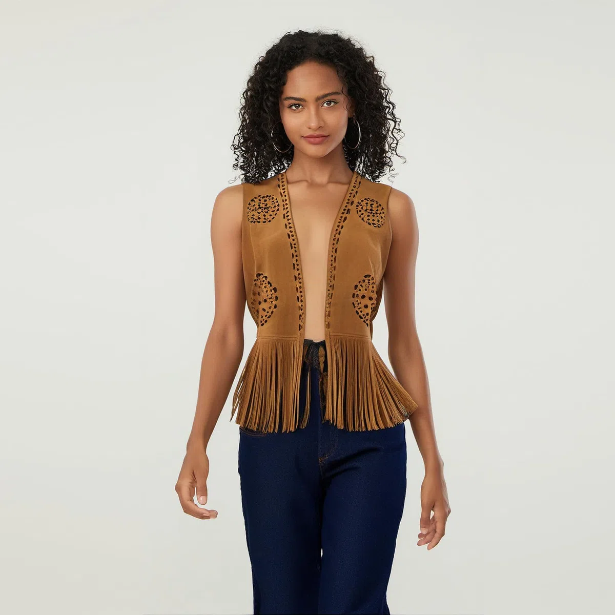 SANSIWU Gilet à franges sans manches en daim synthétique avec rivets pour femme Style western années 70
