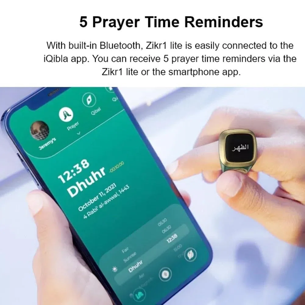 Bague Zikr intelligente par IQibla - Bague compteur numérique étanche intelligente, avec 5 notifications d'heure de prière et alertes par vibration pour hommes et femmes avec 3 tailles (20