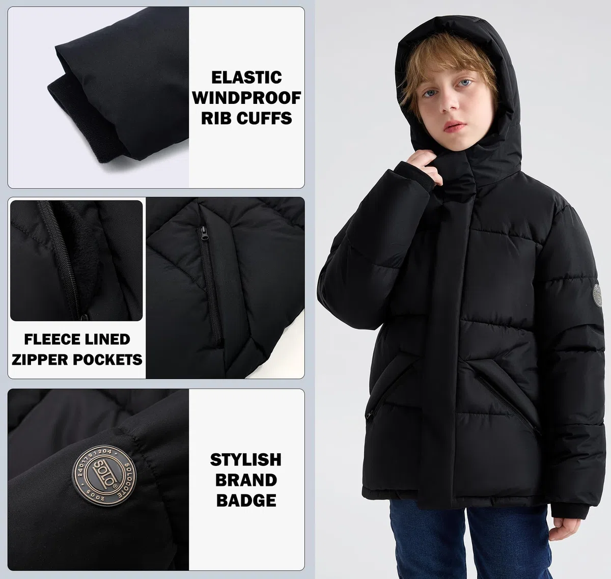 SOLOCOTE Manteaux d'Hiver Épais pour Grands Garçons Enfants Doudoune Polaire Lourd Imperméable avec Capuche Poignets Côtelés et Poches pour Enfants