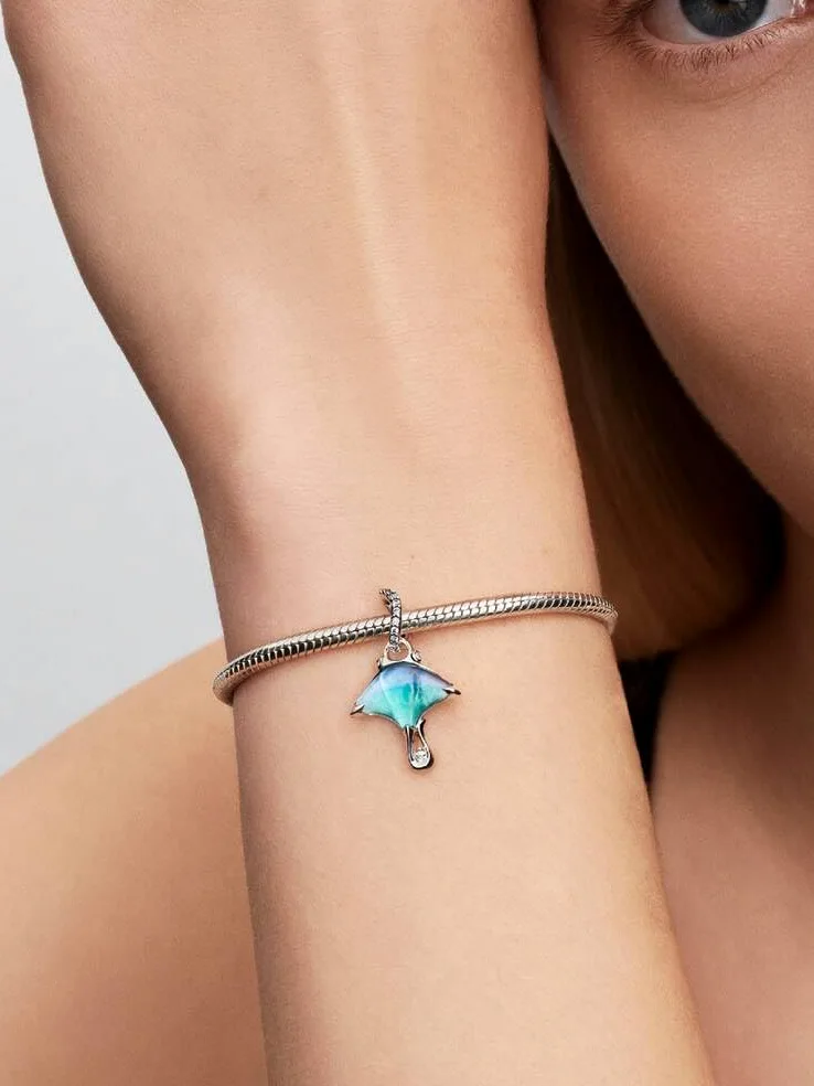 Manta Sterling Silver Dangle with Clear Cubic Zirconia, White bioresin Man-Made Mother of Pearl, Enamel and Shaded Blue Murano g
