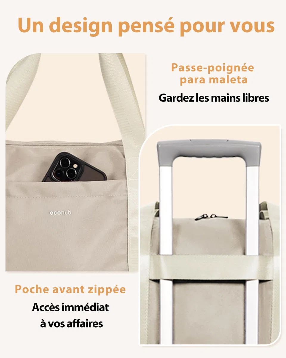 ECOHUB Bagage Cabine Pliable 30L, 45x36x20 Easyjet, à Main avec Poche Humide Amovible, Sac de Voyage Weekend pour Femmes Hommes, d'Hôpital, Brevet en Cours (Beige)
