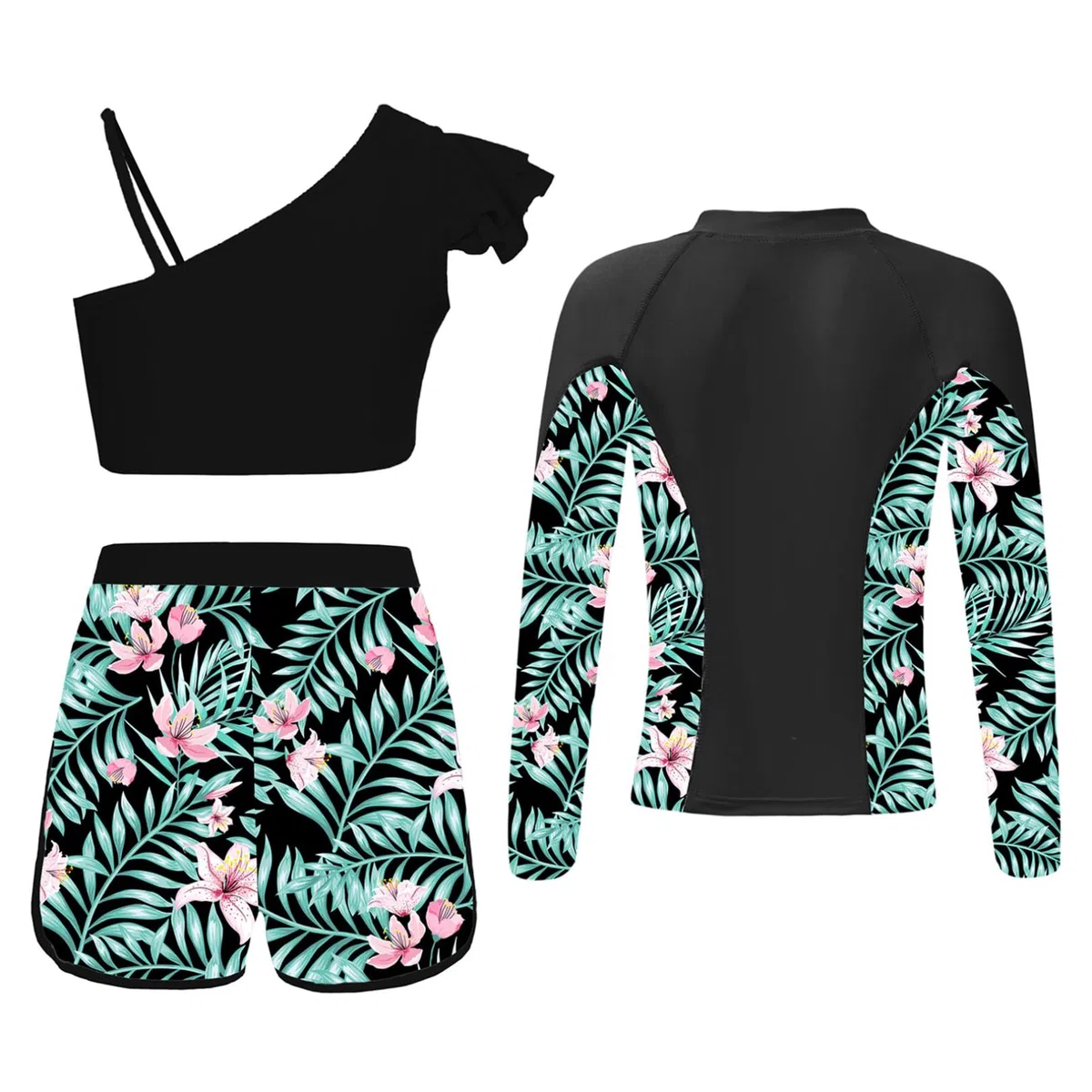 ranrann Enfant Fille Maillot de Bain 3 Pièces Anti UV T-Shirt de Bain Haut et Short de Bain Ensemble Tankini 7-16 Ans