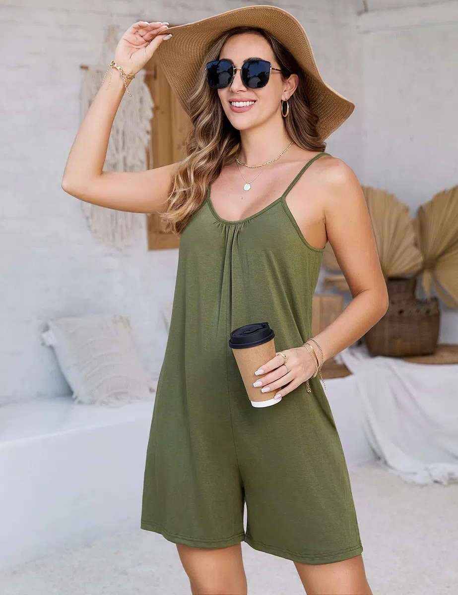 Combinaison Femme Combishort Sans Manches Short Jumpsuit Salopette Été Bretelles Spaghetti Réglables Coton Chic Rompers avec Poches Couleur Unie Décontracté Vacances Plage