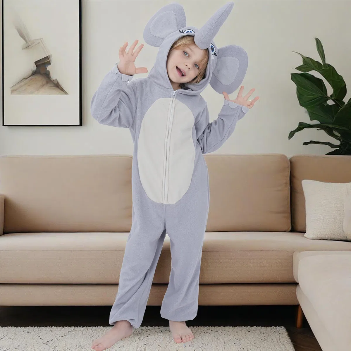 Sincere Party Costume de cache-couche éléphant mignon en toison, combinaison d'éléphant à capuche vive pour garçons et filles L(8-10)