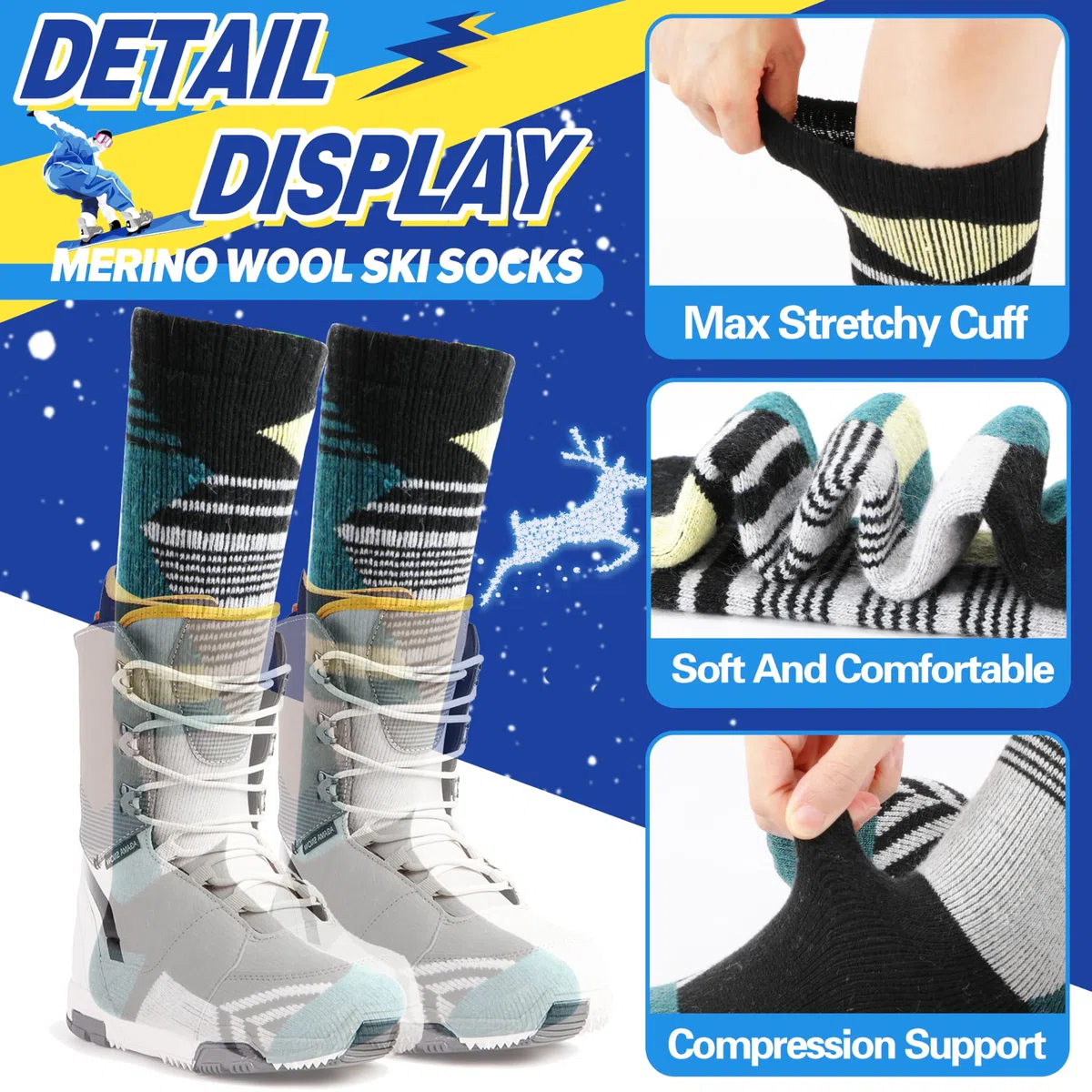 ANTSANG 3 Paires Chaussettes Ski Laine Mérinos Enfants Garçons Filles Chaudes Hiver Épaisses Rembourrées pour Snowboard Ski