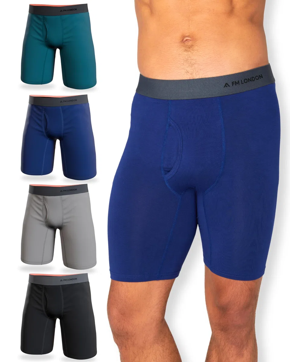 FM London Boxer en Bambou pour Homme, Boxer Long pour Homme en Bambou Ultra Doux, Antifrottements et Évacuant la Transpiration, avec Ouverture, Lot de 4