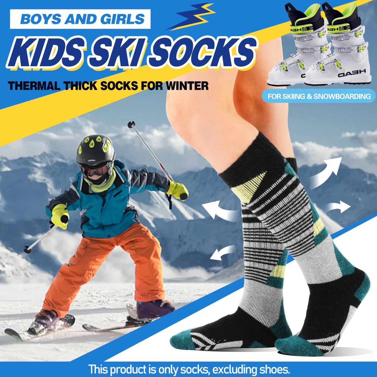 ANTSANG 3 Paires Chaussettes Ski Laine Mérinos Enfants Garçons Filles Chaudes Hiver Épaisses Rembourrées pour Snowboard Ski