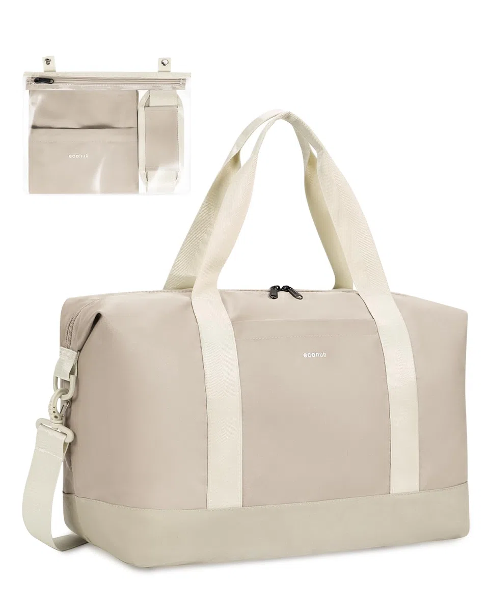 ECOHUB Bagage Cabine Pliable 30L, 45x36x20 Easyjet, à Main avec Poche Humide Amovible, Sac de Voyage Weekend pour Femmes Hommes, d'Hôpital, Brevet en Cours (Beige)