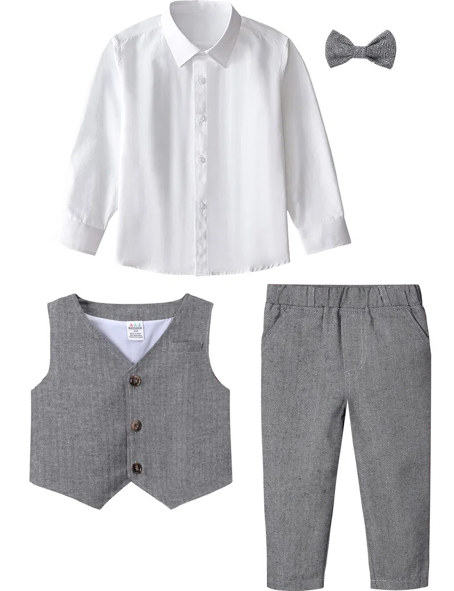 mintgreen Bébé Garçons Costumes, 3 Pièces Tenue en Tweed à Chevrons Ensemble de Vêtements de Baptême Chemise + Gilet + Pantalon + Nœud Papillon, 1-4 Ans