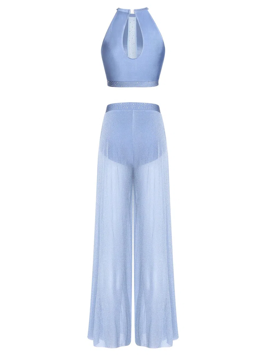 Oyolan Vêtement Danse Lyrique Ballet Femme Costume Danse Contemporaine Moderne Crop Top Strass Pantalon Ample Dancewear