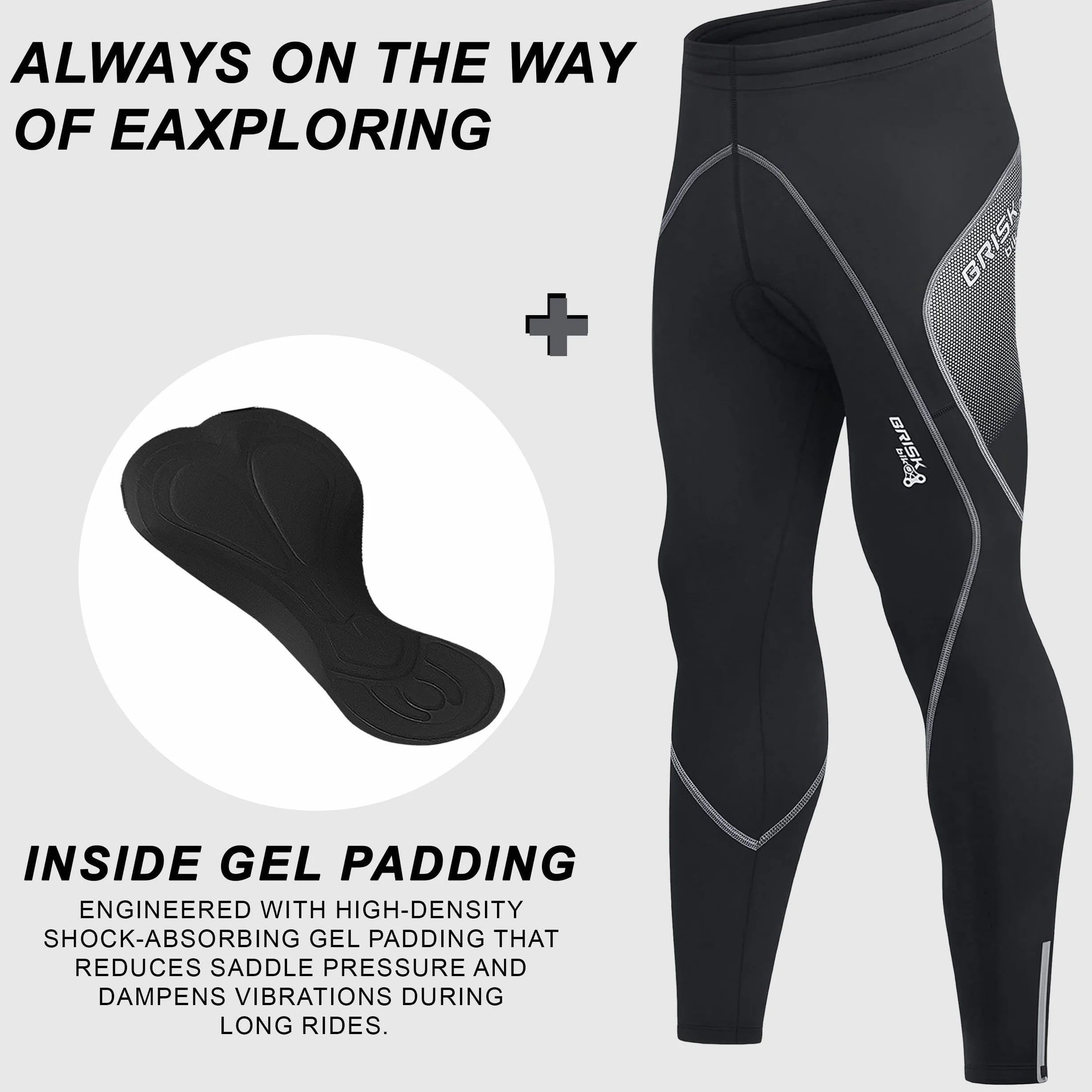 Brisk Bike Pantalon Cycliste Homme Long avec Fermetures éclair réfléchissantes, Extensible, rembourré, en Coolmax Pantalon Velo