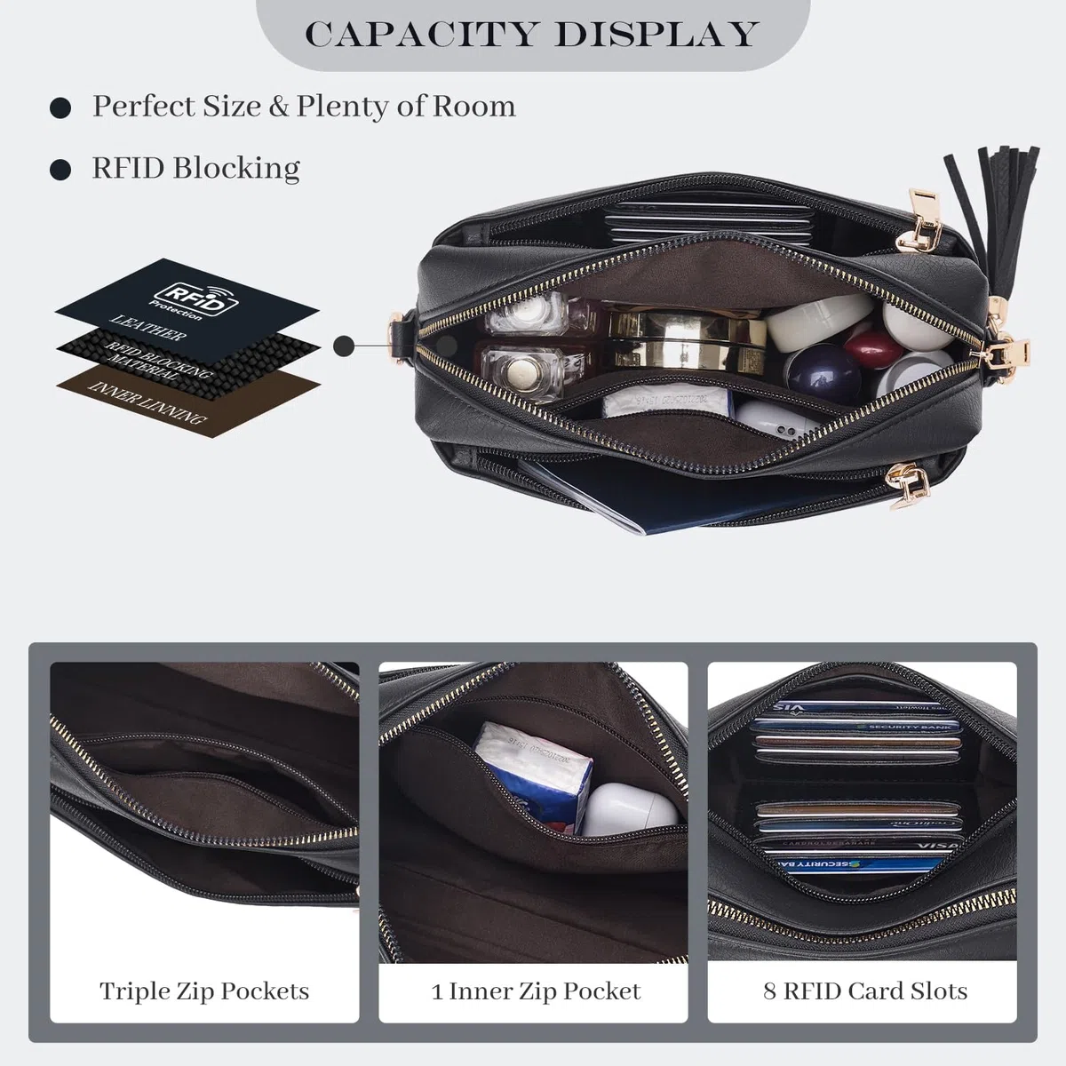 Roulens Petit Sac Bandoulière Femme avec 3 Compartiments Zippés,Sac à Bandoulière Femme en Cuir PU,Sac a Main Femmes Sacoche Femme Bandoulière avec Large Sangle Réglable et Amovible