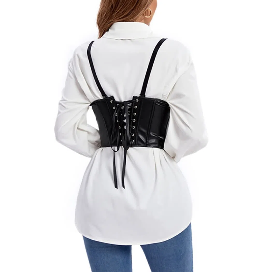DISSA Corset Sous Poitrine Similicuir avec Bretelles | Similicuir, sous poitrine, fermeture busk avant, bretelles réglables, ruban laçage arrière, baleines plastiques