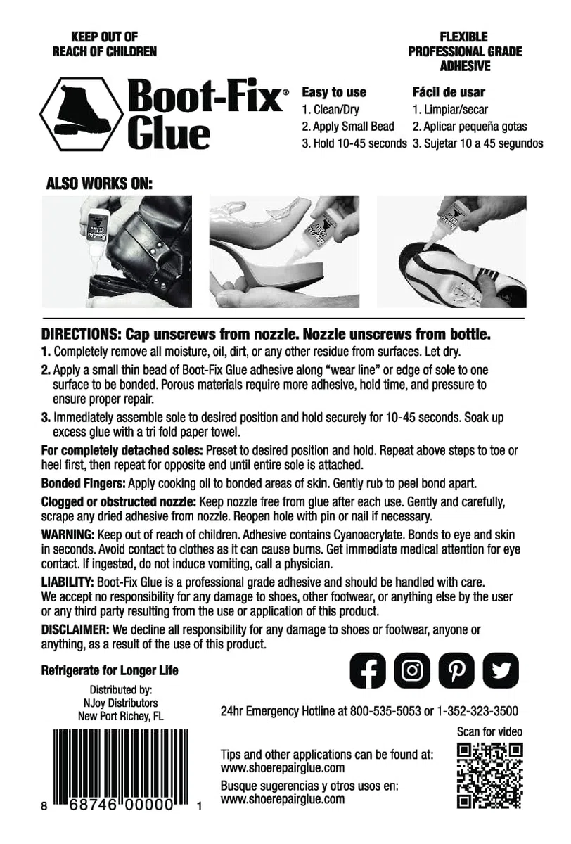 Colle pour chaussures Boot-Fix : Colle de réparation de chaussures instantanée de qualité professionnelle.