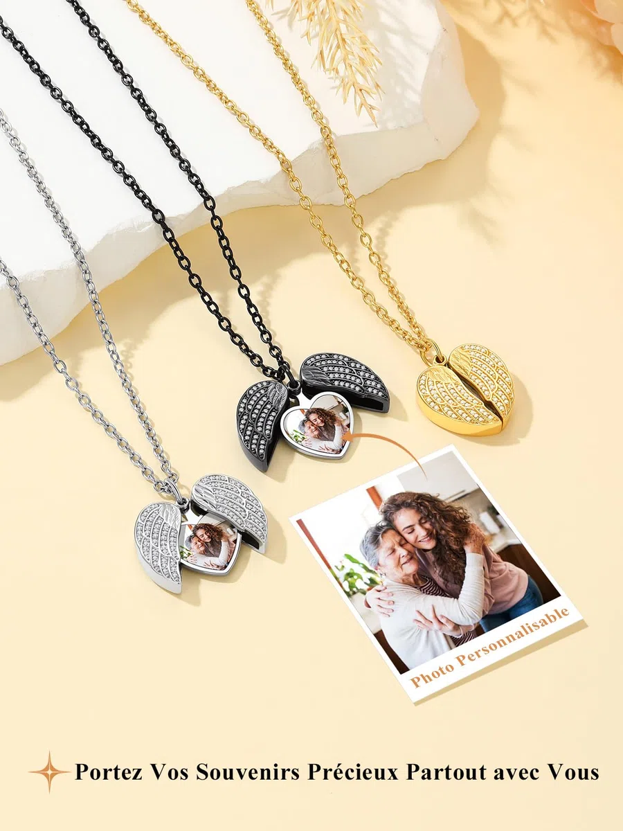 Custom4U Collier Personnalisé Photo Acier Inoxydable,Médaillon Aile d'ange Pendentif Porte Photo Gravé avec Chaîne 50+5 cm(Boîte Cadeau)