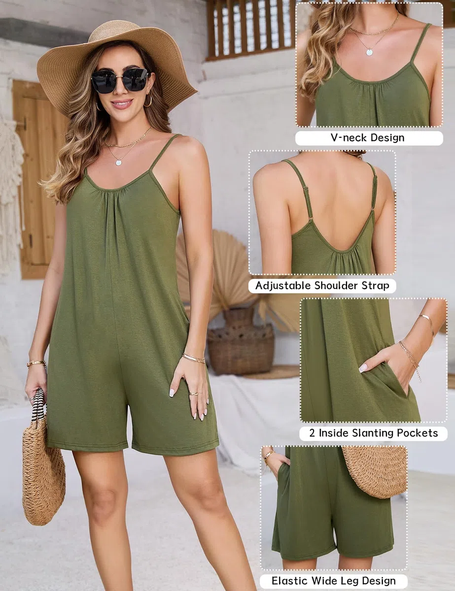 Combinaison Femme Combishort Sans Manches Short Jumpsuit Salopette Été Bretelles Spaghetti Réglables Coton Chic Rompers avec Poches Couleur Unie Décontracté Vacances Plage