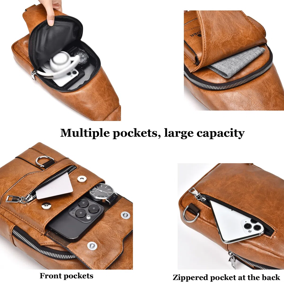 A-QMZL Sacoche Homme Bandouliere Sac de Poitrine Sac business Sac de Loisir Sac a Dos PU Cuir Pochette Epaule Sac à Dos de Voyage pour Homme Femme