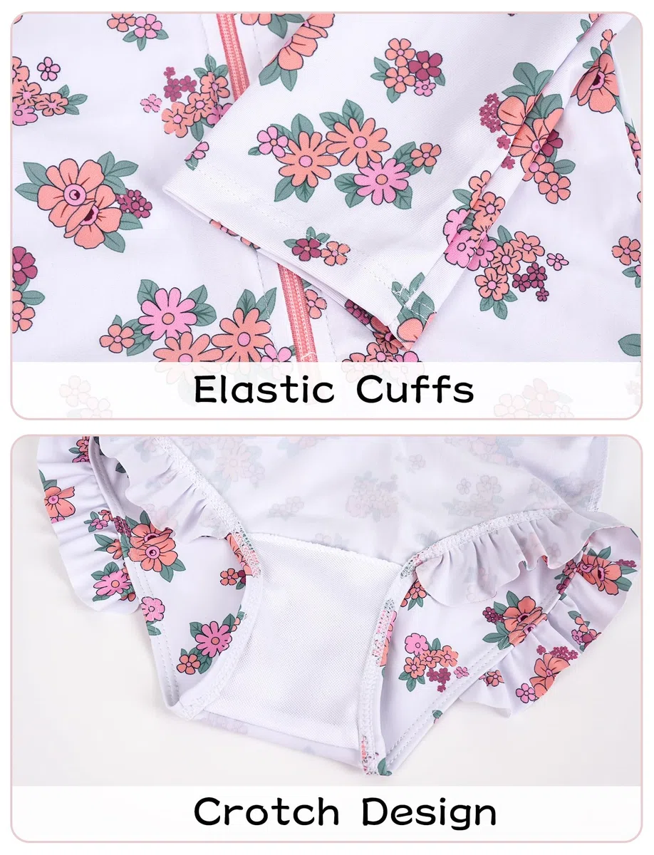 Happy Cherry Maillot de Bain Une Pièce Bébé Fille 0-3 Ans Rashguard Anti-UV à Manches Longues avec Chapeau à Volant Imprimé Floral
