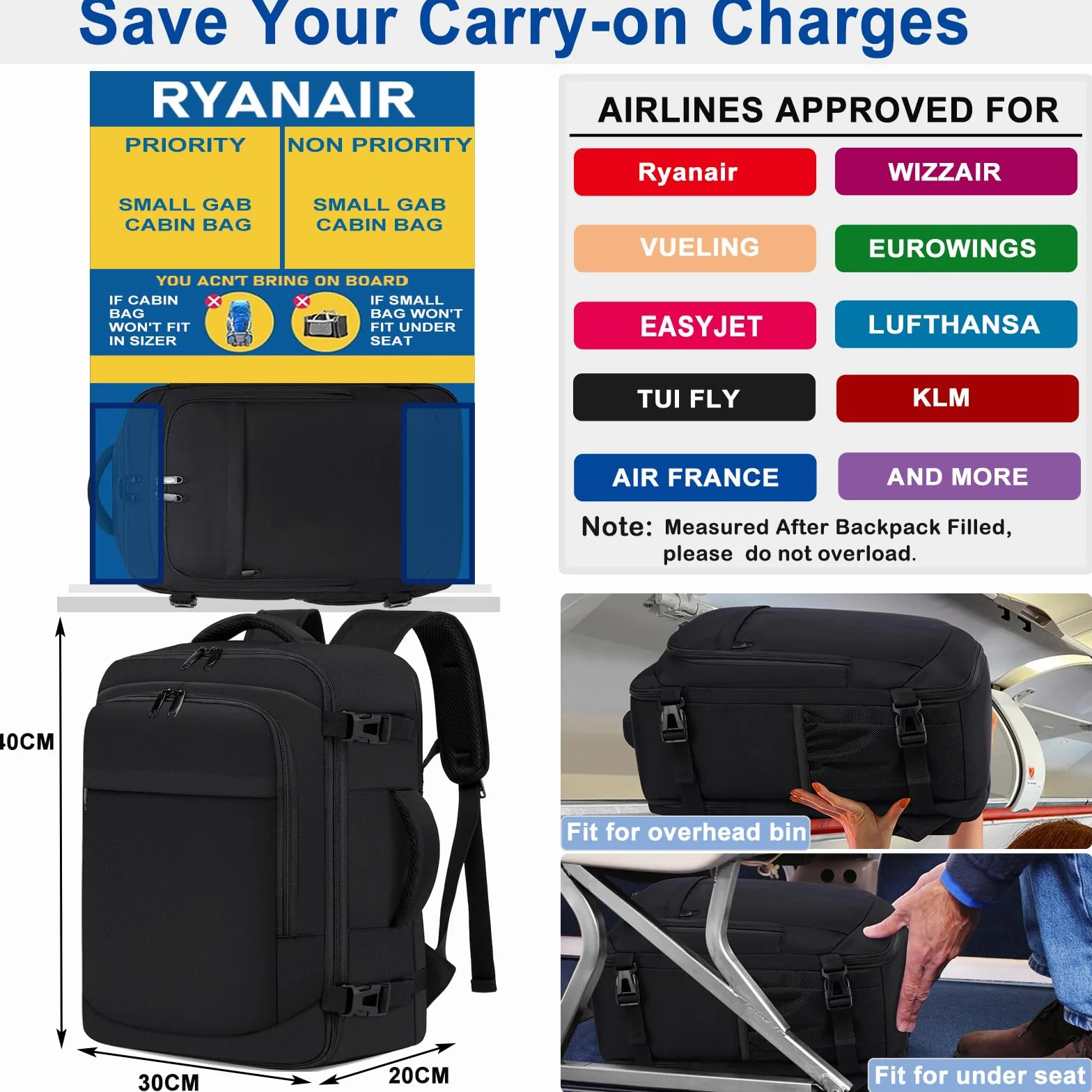 ENZOSUM Bagage Cabine 40x30x20 Sac à Dos Voyage Sac Cabine Avion 40x30x20 pour Ryanair,Wizzair 24L Bagage à Main Homme Femme Sac à Dos pour Ordinateur Portable Noir