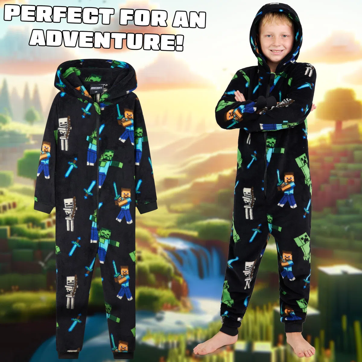 Minecraft Combinaison Polaire Garçon Ado, Combinaison Pyjama à Capuche, Vêtements de Nuit Enfants - Cadeau Gamer