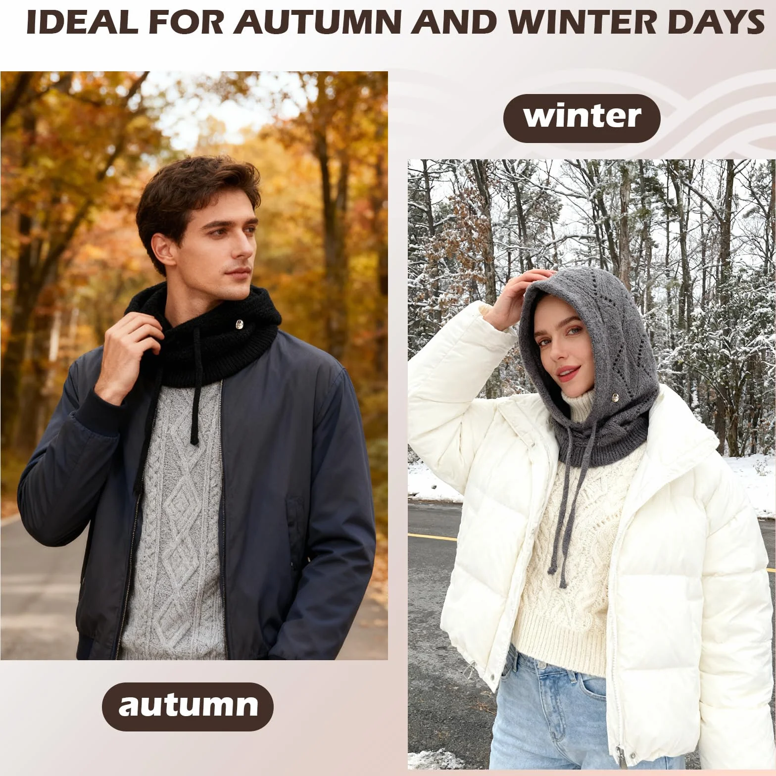 Femme Bonnets et Écharpes Tricotés d'hiver, 2 en 1 Chaude Coupe-Vent Réglable Cagoule avec Écharpe à Capuche, Élastiques Chapeaux Masque en Laine pour Sports de Plein Air Courses Quotidiennes