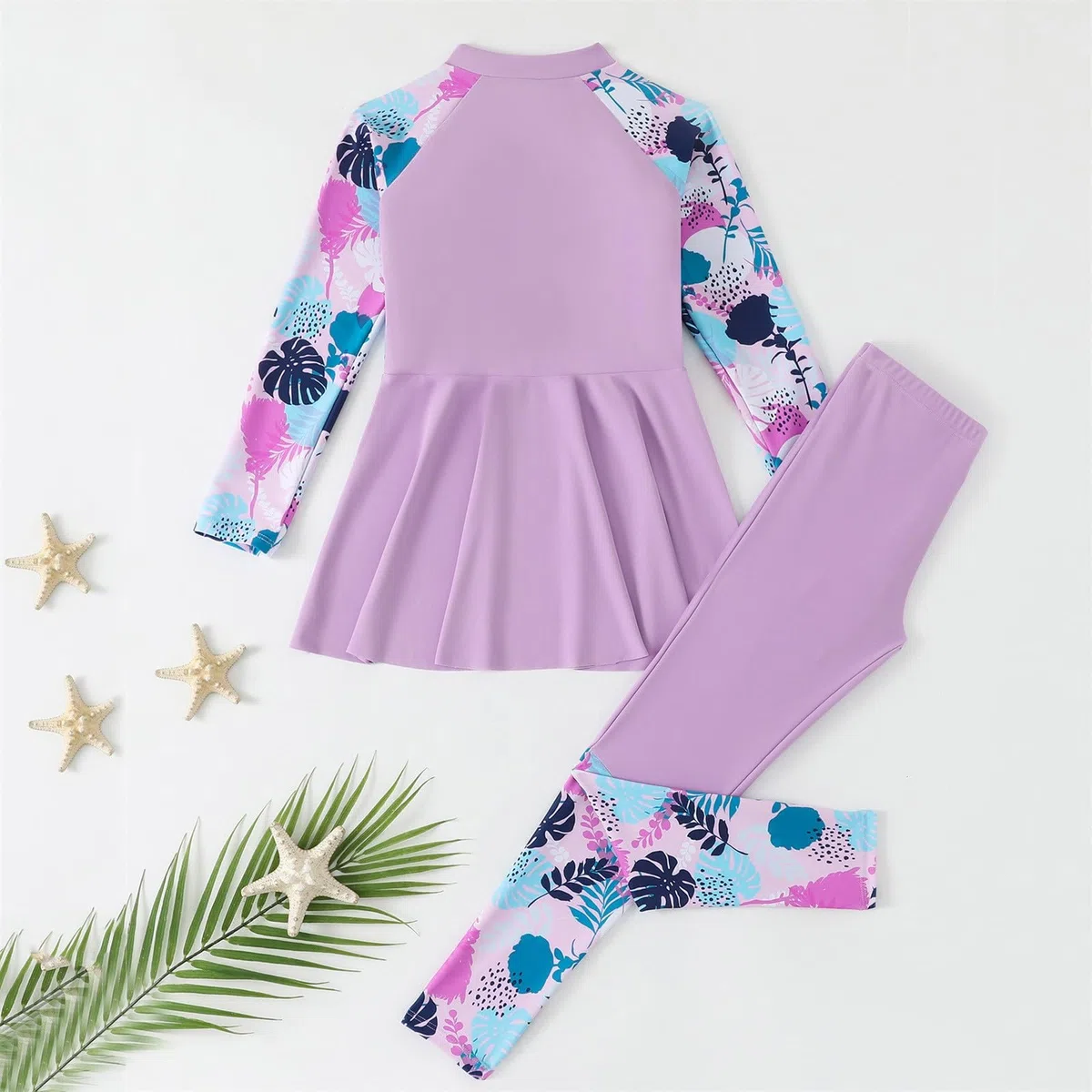 Enfant Fille Maillot de Bain Musulmane Anti UV Tenue Manches Longues avec Pantalon de Bain Burkini Combinaison Natation Plage Surf