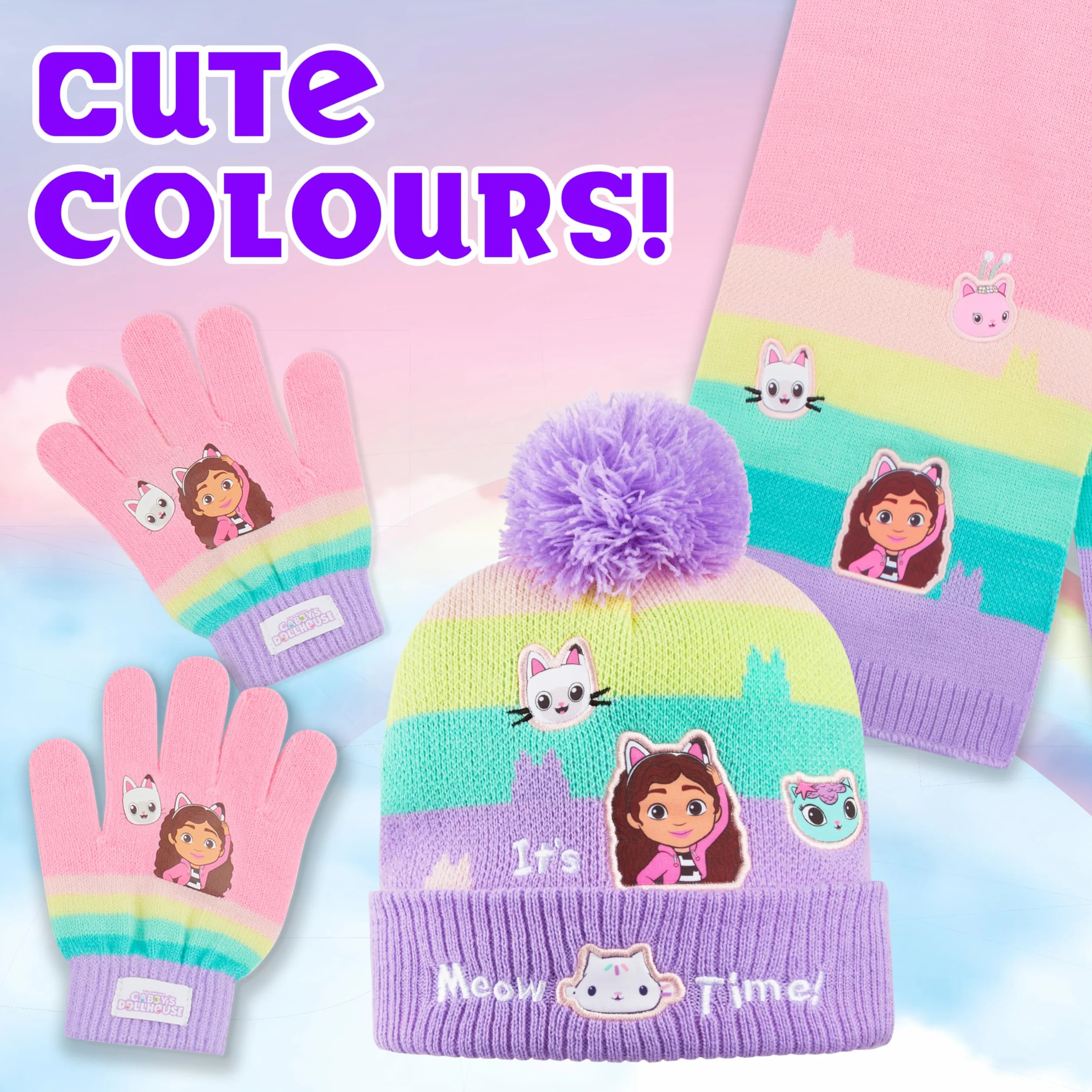 Gabby's Dollhouse Ensemble d'Accessoires d'Hiver Fille, Bonnet, Écharpe et Gants - Cadeau Enfant