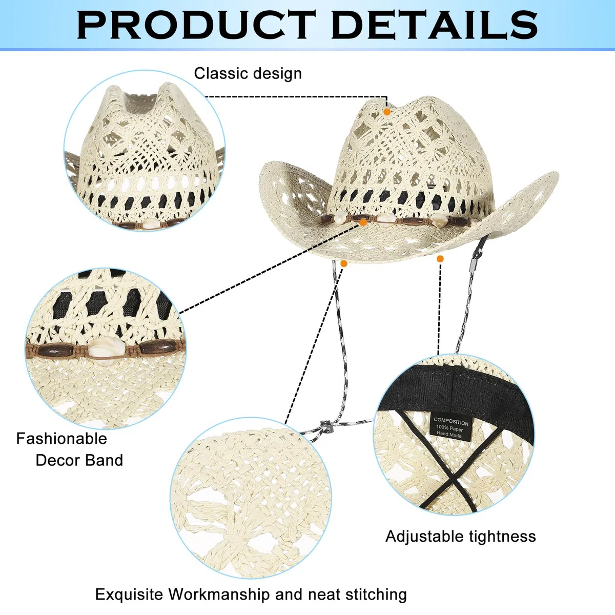 EOZY Chapeaux de paille tissés à la main de style western pour homme et femme - Chapeau panama avec large bord et bord replié pour le voyage