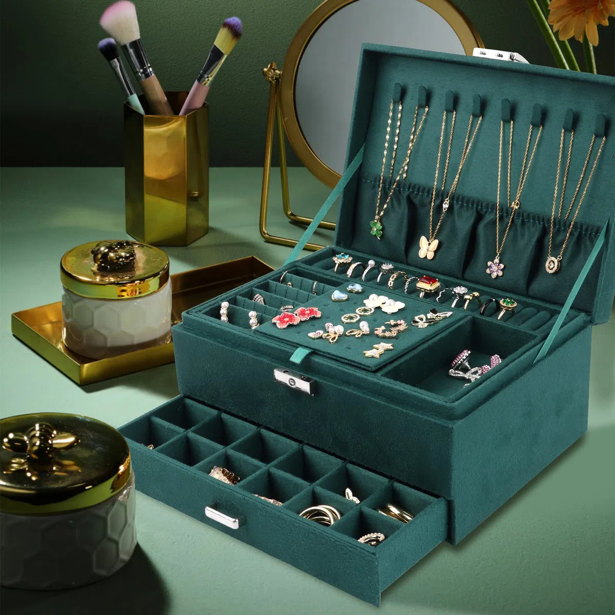 talifoca Boite a Bijoux Femme Fille, Boîte à Bijoux Velours Trois Couche Verrouillable Grande Capacité Boite de Rangement Bijoux pour Colliers, Boucles d'oreilles, Bracelets