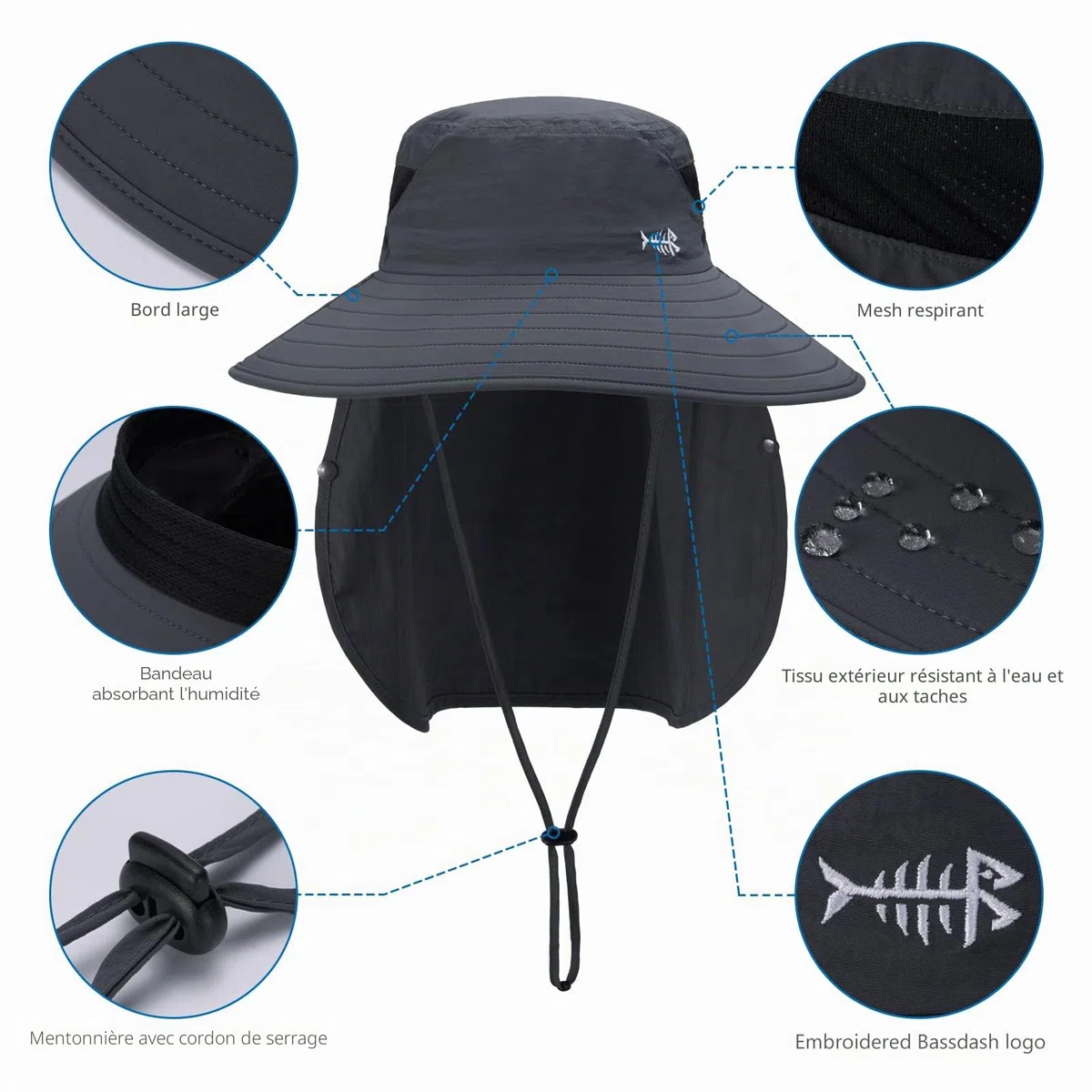 Bassdash Chapeau de Soleil Respirant UPF 50+ avec Couvre-Visage Amovible et Rabat de Cou Chapeau Unisexe à Large Bord résistant à l'eau pour la pêche la randonnée l'extérieur Les Hommes et Les Femmes