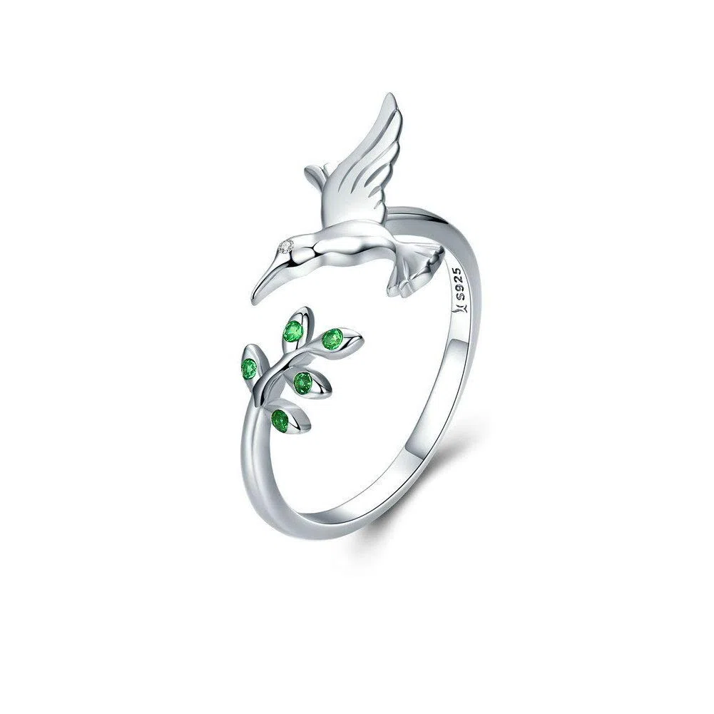 Bague ouverte en argent sterling S925 en forme de colibri avec cristal vert et zircone cubique réglable pour femme et fille