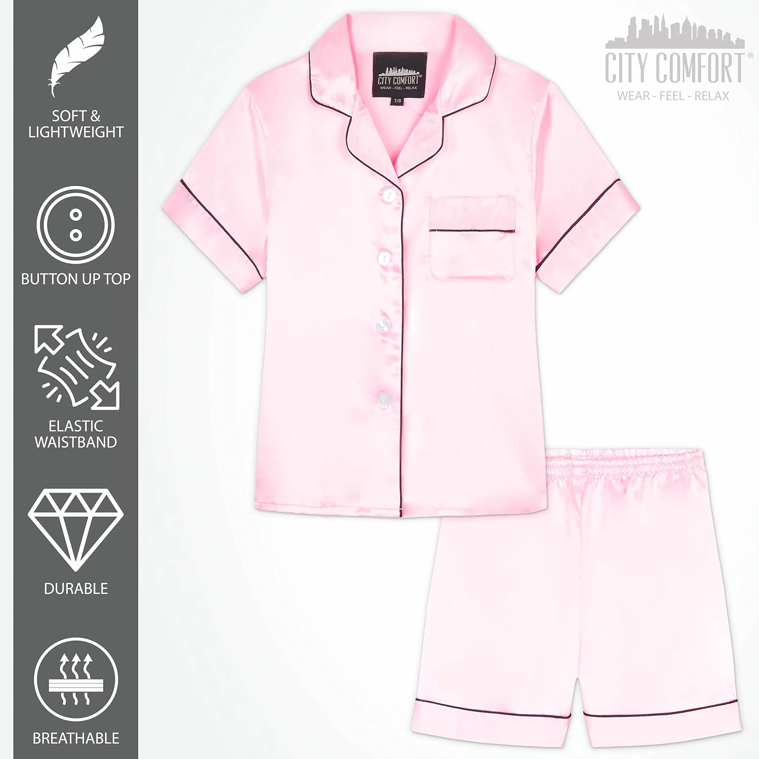 CityComfort Ensembles de Pyjama Fille et Ado Ensembles de Nuit d'Été Boutons Short Pyjama Satin Loungewear Set Vêtement de Nuit à Manche Courte