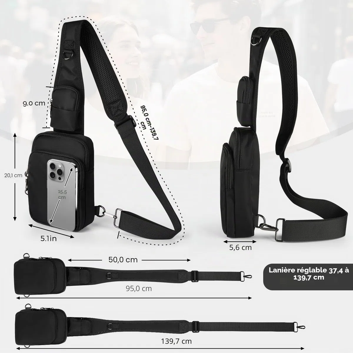 BROADREAM Sac à bandoulière antivol - Sac de poitrine - Sac à bandoulière - Pour homme et femme - Petit homme - Avec fermeture éclair et blocage RFID