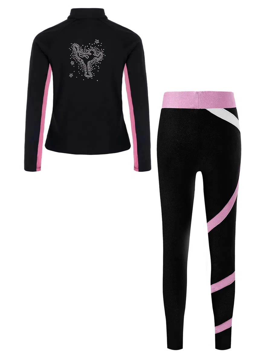 ranrann Ensemble Patinage Artistique Fille Veste Chaud Polaire avec Pantalon Collant Legging Tenue Patinage sur Glace Sport C Rose 11-12 ans