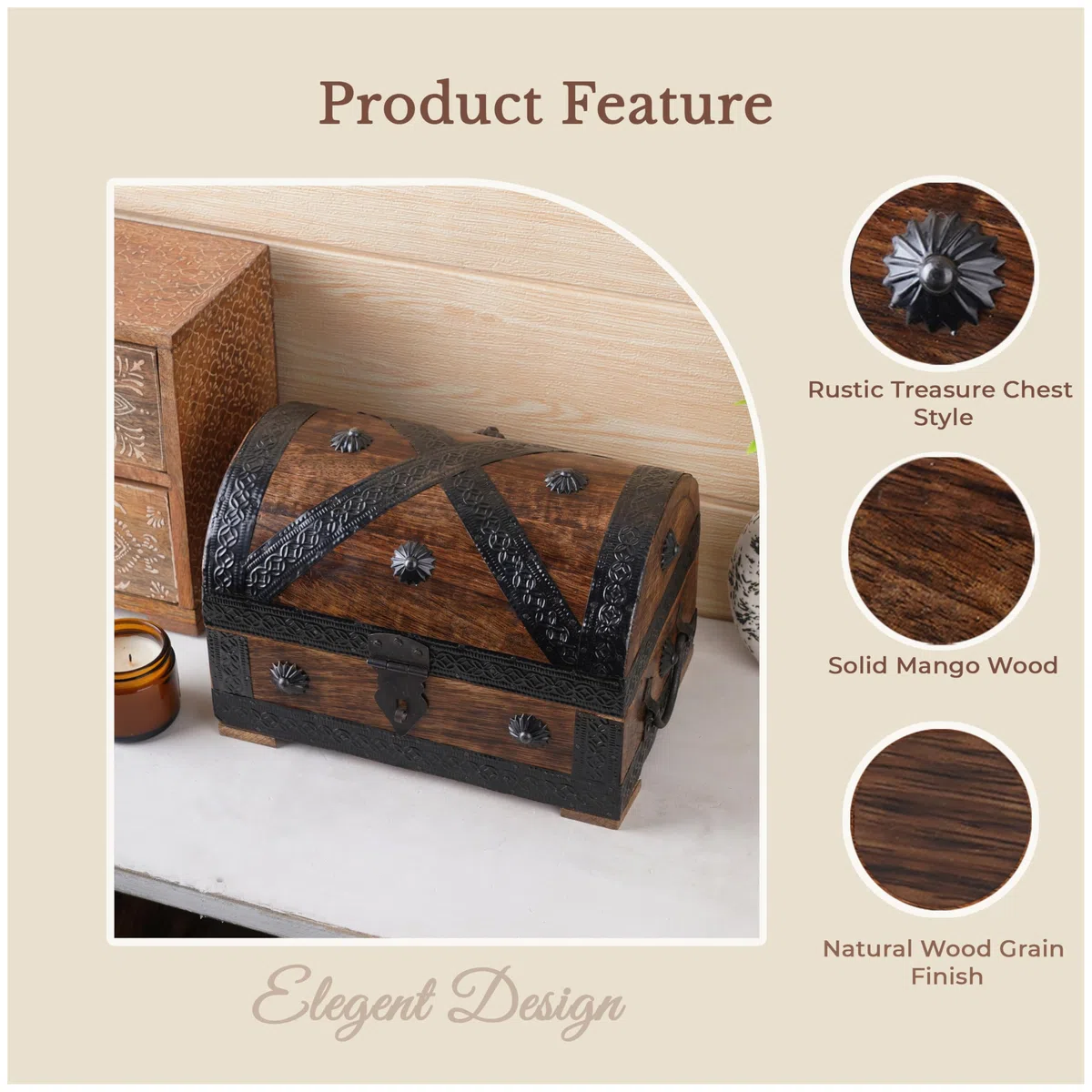 Ajuny Coffre à Bijoux Pirate en Bois de Manguier avec Serrure et Clé, Coffret au Trésor Vintage Fait Main Coquillages, Boîte de Rangement Bijoux Souvenirs Bibelots, 9 x 6 Pouces