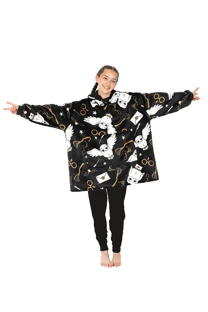Harry Potter Hedwig Sweat à capuche noir pour fille, Couverture polaire surdimensionnée à capuche