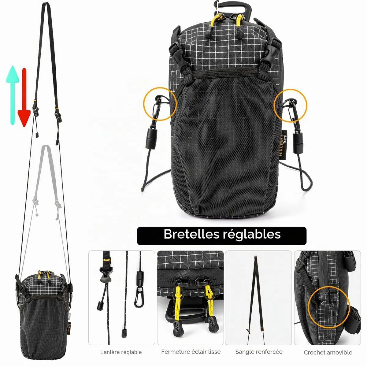 HIKEMAN Sac à dos imperméable avec bandoulière amovible, pour le sport, la randonnée, le camping (noir)